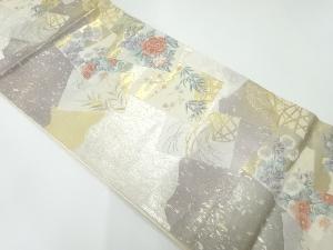 色紙に牡丹・菊・枝梅模様織出し　袋帯